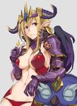  amon_(p&amp;d) arm_support armor bikini_armor bird blonde_hair breasts cleavage crown demon_girl earrings eating fang gauntlets heart heart_earrings horns jewelry kurowa large_breasts leaning lilith_(p&amp;d) long_hair navel owl panties pauldrons pointy_ears puzzle_&amp;_dragons red_eyes revealing_clothes solo underwear wings 