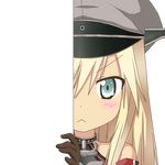  :&lt; bismarck_(kantai_collection) blonde_hair blue_eyes brown_gloves closed_mouth eyebrows_visible_through_hair gloves hat kantai_collection long_hair looking_at_viewer nagineko peaked_cap peeking_out solo transparent_background v-shaped_eyebrows 