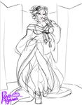  1girl agawa_ryou breasts female geisha hair_ornament japanese_clothes large_breasts lips lipstick long_skirt makeup monochrome original red_lipstick sandals sketch skirt solo standing 