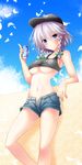  arm_support bare_shoulders blush braid brand_name_imitation breasts can crop_top day flat_cap hat highres izayoi_sakuya large_breasts lavender_hair leaning midriff navel open_fly osashin_(osada) pocari_sweat purple_eyes ribbon short_hair short_shorts shorts silver_hair sky solo stomach tank_top touhou twin_braids underboob unzipped 