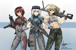  abs blue_eyes bodysuit breasts camouflage camouflage_pants dated ebr-kii glasses gun looking_at_viewer mac-11 machine_gun medium_breasts multiple_girls muscle muscular_female original pants pkm red_eyes red_hair silver_hair smile sports_bra submachine_gun trigger_discipline weapon xm8 