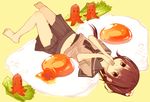  bare_legs barefoot boyano brown_eyes brown_hair covering_mouth food hair_ornament looking_at_viewer lying navel original pleated_skirt sausage school_uniform serafuku skirt solo sunny_side_up_egg tako-san_wiener 