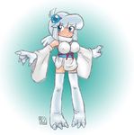  bare_shoulders blue_eyes blush breasts claws clothing detached_sleeves digimon elbow_gloves erect_nipples female gloves human humanized japanese_clothes kimono large_breasts legwear mammal morinon_(pixiv) personification plain_background ribbon sash short_kimono signature skirt snowagumon solo tail thigh_highs thighhighs white_background white_hair 