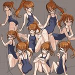  against_wall ass brown_background brown_eyes brown_hair glasses kneeling long_hair looking_at_viewer minami_mirei multiple_views one-piece_swimsuit ponytail pretty_(series) pripara rohitsuka school_swimsuit sitting sketch smile squatting standing swimsuit 