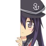  :&lt; akatsuki_(kantai_collection) anchor_symbol hat kantai_collection long_hair looking_at_viewer nagineko peeking_out purple_eyes purple_hair school_uniform serafuku solo transparent_background 