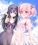  :d akemi_homura black_hair blush breasts choker covered_nipples day embarrassed frills hair_ribbon kaname_madoka lingerie long_hair looking_at_viewer mahou_shoujo_madoka_magica multiple_girls negligee nipples open_mouth outdoors pink_eyes pink_hair purple_eyes ribbon see-through short_hair short_twintails skf small_breasts smile twintails underwear yuri 