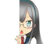  black_hair eyebrows_visible_through_hair glasses green_eyes hairband kantai_collection long_hair looking_at_viewer nagineko ooyodo_(kantai_collection) open_mouth peeking_out rimless_eyewear school_uniform solo transparent_background triangle_mouth 