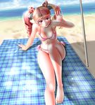  absurdres beach bikini bishoujo_senshi_sailor_moon bishoujo_senshi_sailor_moon_crystal blanket blue_sky bow breasts chibi_usa cloud collarbone day hair_bow hair_ribbon highres miharin ocean older outdoors parasol pink_bikini pink_eyes pink_hair ribbon sitting sky small_breasts solo swimsuit twintails umbrella 