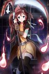  bad_id bad_pixiv_id bae.c bandaged_arm bandaged_leg bandages black_legwear blue_eyes blurry brown_hair cross_hair_ornament depth_of_field hair_ornament highres holding looking_at_viewer original scythe side_ponytail solo spirit thighhighs zettai_ryouiki 