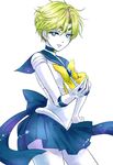  back_bow bishoujo_senshi_sailor_moon blonde_hair blue_choker blue_eyes blue_sailor_collar blue_skirt bow choker ginnan gloves hand_on_hip looking_at_viewer magical_girl ribbon sailor_collar sailor_senshi_uniform sailor_uranus short_hair simple_background skirt solo star star_choker super_sailor_uranus ten'ou_haruka tiara very_short_hair white_background white_gloves yellow_bow 