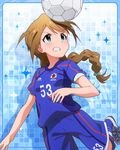  2014_fifa_world_cup aqua_eyes artist_request baba_konomi ball blue_background braid brown_hair idolmaster idolmaster_million_live! japan official_art soccer soccer_ball soccer_uniform sportswear white_soccer_ball world_cup 