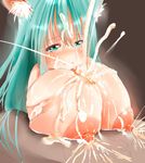  1girl absurdres animal_ears areolae blush breast_squeeze breasts cum cum_explosion cum_on_body cum_on_breasts cum_on_upper_body deep_skin ejaculation erect_nipples full-face_blush green_eyes green_hair highres huge_breasts lactation long_hair miutolily nipples paizuri puffy_nipples shiny shiny_skin smile solo_focus 