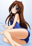  absurdres ass bed_sheet blue_eyes blush brown_hair competition_school_swimsuit highres long_hair looking_at_viewer lying on_side one-piece_swimsuit school_swimsuit solo sugimura_tomokazu swimsuit tachibana_ichika utakata 