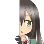  :3 black_gloves black_hair chikuma_(kantai_collection) eyebrows_visible_through_hair gloves green_eyes kantai_collection long_hair looking_at_viewer nagineko open_mouth peeking_out remodel_(kantai_collection) school_uniform solo transparent_background 