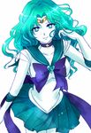  back_bow bishoujo_senshi_sailor_moon blue_eyes blue_hair blue_skirt bow choker ginnan gloves heart kaiou_michiru long_hair looking_at_viewer magical_girl ribbon sailor_neptune sailor_senshi_uniform simple_background skirt solo star star_choker super_sailor_neptune tiara white_background white_gloves 