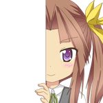  :&gt; blush_stickers brown_hair closed_mouth eyebrows_visible_through_hair face green_neckwear green_ribbon grey_vest hair_ornament hair_ribbon hand_up kagerou_(kantai_collection) kantai_collection looking_at_viewer nagineko neck_ribbon peeking_out purple_eyes ribbon school_uniform sidelocks smile solo transparent_background vest yellow_ribbon 