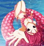  barefoot beniyuki_pangya bikini blush breasts cleavage front-tie_bikini front-tie_top innertube large_breasts long_hair lucia_(pangya) nail_polish navel outstretched_arm outstretched_hand pangya pink_eyes pink_hair polka_dot polka_dot_bikini polka_dot_swimsuit reaching side-tie_bikini smile solo summer swimsuit toenail_polish upside-down water 