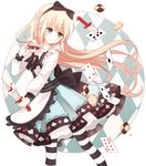  black_eyes black_tea blonde_hair boyano card checkerboard_cookie club_(shape) cookie cup diamond_(shape) food hairband heart holding knife long_hair original pantyhose playing_card smile solo spade_(shape) striped striped_legwear tea teacup very_long_hair 