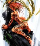  alf874 crouching female knife nude orange_eyes rock tattoo water waterfall weapon 