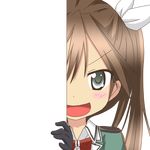  :d black_gloves brown_hair eyebrows_visible_through_hair gloves green_eyes hair_ribbon kantai_collection looking_at_viewer nagineko open_mouth peeking_out remodel_(kantai_collection) ribbon school_uniform smile solo tone_(kantai_collection) transparent_background v-shaped_eyebrows white_ribbon 