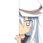  blue_eyes eyebrows_visible_through_hair hat hibiki_(kantai_collection) kantai_collection long_hair looking_at_viewer nagineko peeking_out school_uniform serafuku smile solo transparent_background verniy_(kantai_collection) white_hair 