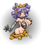  big_breasts breasts clothing digimon female gears gloves hagurumon hair human humanized mammal morinon_(pixiv) partially_clothed plain_background purple_hair red_eyes solo white_background 