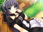  1girl akino_shin bench blue_eyes blush breasts cleavage game_cg grass hair_ribbon highres large_breasts legs long_hair looking_at_viewer maid maid_headdress purple_hair ribbon sitting smile solo sunlight thighs 