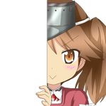  :&gt; brown_eyes brown_hair eyebrows_visible_through_hair kantai_collection looking_at_viewer magatama nagineko peeking_out remodel_(kantai_collection) ryuujou_(kantai_collection) smile solo transparent_background v-shaped_eyebrows visor_cap 