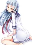  ass bangs bare_legs barefoot blunt_bangs blush dress ebi_193 eyebrows kantai_collection long_hair looking_away md5_mismatch murakumo_(kantai_collection) profile sailor_dress sidelocks silver_hair simple_background sitting solo wariza white_background 