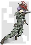  breasts camouflage camouflage_pants dual_wielding ebr-kii extended_magazine fingerless_gloves gloves gun hat holding nagae_iku ots-33 pants purple_hair red_eyes short_hair small_breasts smile solo touhou trigger_discipline weapon 