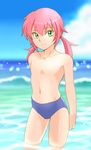  blurry bokeh cloud collarbone commentary_request day depth_of_field ebi-rom green_eyes highres inazuma_eleven_(series) inazuma_eleven_go kirino_ranmaru long_hair male_focus male_swimwear navel no_nipples pink_hair shirtless sky smile solo standing swim_briefs swimwear twintails water 