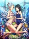  ass barefoot bikini black_hair blue_eyes bracelet bubble fish frilled_bikini frills holding_hands hourainingyou innertube interlocked_fingers jewelry long_hair multiple_girls one-piece_swimsuit original print_bikini purple_eyes school_swimsuit silver_hair smile star star_print swimsuit twintails underwater 