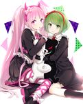  argyle argyle_legwear bad_id bad_twitter_id bangs black_dress black_legwear blunt_bangs bow danganronpa dress fake_horns green_eyes green_hair hair_bow hair_ribbon hairband jacket long_hair mery_(apfl0515) monaka_(danganronpa) monokuma multiple_girls open_clothes open_jacket pink_eyes pink_hair pleated_skirt ribbon shoe_bow shoes short_hair skirt smile socks thighhighs twintails utsugi_kotoko very_long_hair zettai_zetsubou_shoujo 