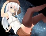  alternate_costume blue_eyes brown_legwear cabbie_hat hat hibiki_(kantai_collection) kantai_collection legs_up long_hair looking_at_viewer open_mouth profile ratsuku_kinoko shorts sitting sky solo star_(sky) starry_sky thighhighs verniy_(kantai_collection) white_hair 