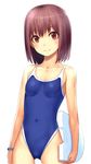  bangs bare_arms bare_shoulders brown_eyes brown_hair collarbone competition_school_swimsuit cowboy_shot highleg highleg_swimsuit katagiri_(a1466502) kickboard looking_at_viewer one-piece_swimsuit original school_swimsuit short_hair solo standing swimsuit 
