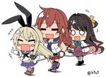  =_= blank_eyes blush_stickers braid breasts chibi cleavage closed_eyes full_body gloves hair_intakes hanauna kantai_collection long_hair medium_breasts multicolored_hair multiple_girls naganami_(kantai_collection) noshiro_(kantai_collection) o_o open_mouth pantyhose rope rope_train school_uniform serafuku shimakaze_(kantai_collection) shocked_eyes simple_background smile thighhighs walking white_background white_gloves 