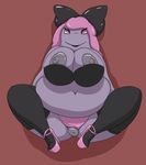  anus big_breasts bow breasts chubby clothing female hair high_heels legwear looking_at_viewer lying mcnasty muk navel nintendo on_back panties personification pink_hair plain_background pok&eacute;mon puffy_anus solo stockings underwear video_games 