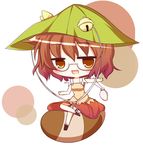  :d brown_eyes brown_hair chibi futatsuiwa_mamizou gaius_(nikoniko2) hatchet headwear looking_at_viewer nose_hatchet open_mouth raccoon_tail short_hair sitting smile solo tail touhou 