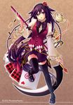  absurdly_long_hair alice_(pandora_hearts) black_tea bow braid brown_hair card checkerboard_cookie cookie crown cup food full_body gingerbread_man long_hair low-tied_long_hair open_mouth pandora_hearts playing_card pouring purple_eyes ribbon skirt solo tea teacup teapot tia_(cocorosso) very_long_hair weapon 