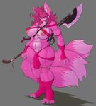 2014 abs anthro areola big_breasts breasts canine clothed clothing female fox grey_background mammal multiple_tails muscles muscular_female nipples plain_background pussy rai solo standing weapon wyntersun 