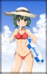  aqua_eyes aqua_hair bikini eating food green_hair groin hat hidamari_sketch highres innertube looking_at_viewer midriff navel nori popsicle solo straw_hat swimsuit twintails yoshitani_motoka 