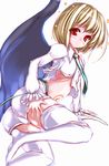  1boy artist_request ass beatmania beatmania_iidx blonde_hair blush halo long_sleeves looking_at_viewer male male_focus midriff necktie rche_(beatmania) red_eyes short_hair shorts simple_background smile solo star thighhighs trap white_legwear wings 