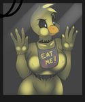  apron avian big_breasts bird black_eyes breasts chica_(fnaf) female five_nights_at_freddy&#039;s kloudmutt machine mechanical robot simple_background solo window yellow_feathers 