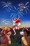  2014 4th_of_july american american_flag anthro areola breasts canine cinnamonhunter english_text female fireworks hair male mammal nipples outside sky standing text 