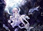  afloat amatsukiryoyu bad_id bad_pixiv_id barefoot blonde_hair bubble closed_eyes dress fish floating_hair hands_over_mouth kagamine_rin legs light_particles light_rays solo sunbeam sunlight underwater v-neck vocaloid white_dress 