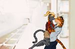  2014 anthro blonde_hair cinnamonhunter clothed clothing eyes_closed feline female fur hair hug male mammal standing tiger 