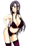 :o absurdres amaya_haruko arched_back armpits bangs black_hair blue_eyes blush bow bow_bra bra breasts collarbone cowboy_shot from_side garter_belt hand_on_ass highres lace lace-trimmed_bra lace-trimmed_panties lace-trimmed_thighhighs large_breasts leaning_forward lingerie long_hair maken-ki! navel nose_blush official_art open_mouth panties purple_bra purple_legwear purple_panties sideboob simple_background solo standing takeda_hiromitsu thighhighs thong underwear underwear_only very_long_hair white_background 