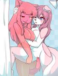  2014 anthro blue_eyes blush breasts canine duo female goo hair leg_grab lesbian long_hair mammal nude one_eye_closed open_mouth penetration pink_hair shower spread_legs spreading tail_sex vaginal vaginal_penetration yellow_eyes zyira 