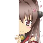  &gt;:) brown_eyes brown_hair detached_sleeves eyebrows_visible_through_hair flower hair_flower hair_ornament kantai_collection long_hair looking_at_viewer nagineko peeking_out petals smile solo transparent_background v-shaped_eyebrows yamato_(kantai_collection) 