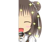  ^_^ blush_stickers brown_eyes brown_hair closed_eyes facing_viewer gloves hair_bun holding kantai_collection microphone nagineko naka_(kantai_collection) open_mouth peeking_out remodel_(kantai_collection) school_uniform serafuku short_hair smile solo sparkle transparent_background white_gloves 